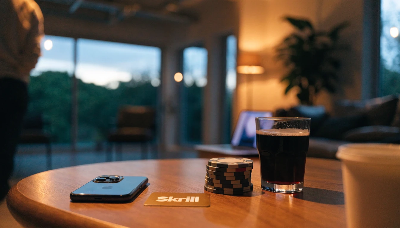 Smartphone, Skrill card, and casino chips on a coffee table in a modern New Zealand home