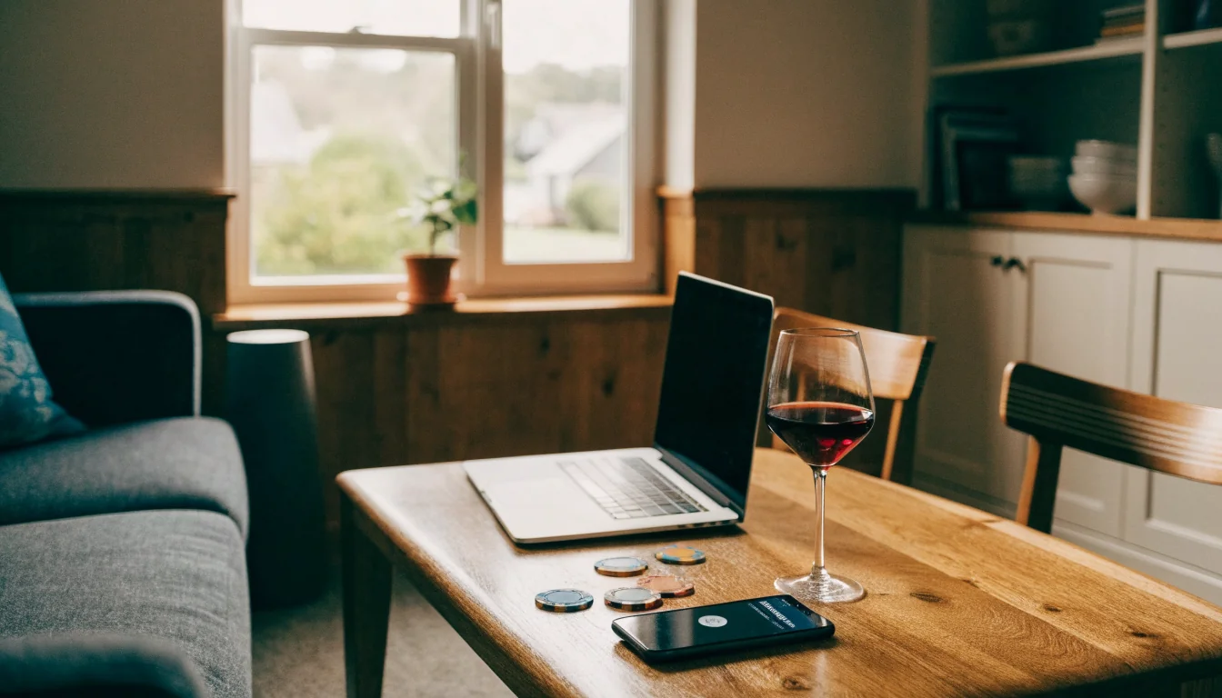 Laptop and casino chips on a coffee table in a cozy New Zealand living room