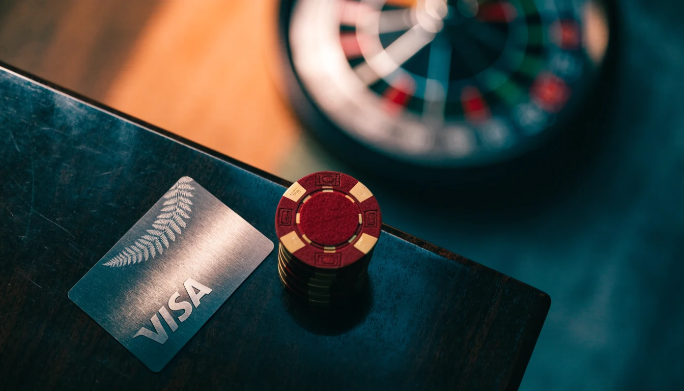 Visa card with casino chips and roulette wheel on a dark desk