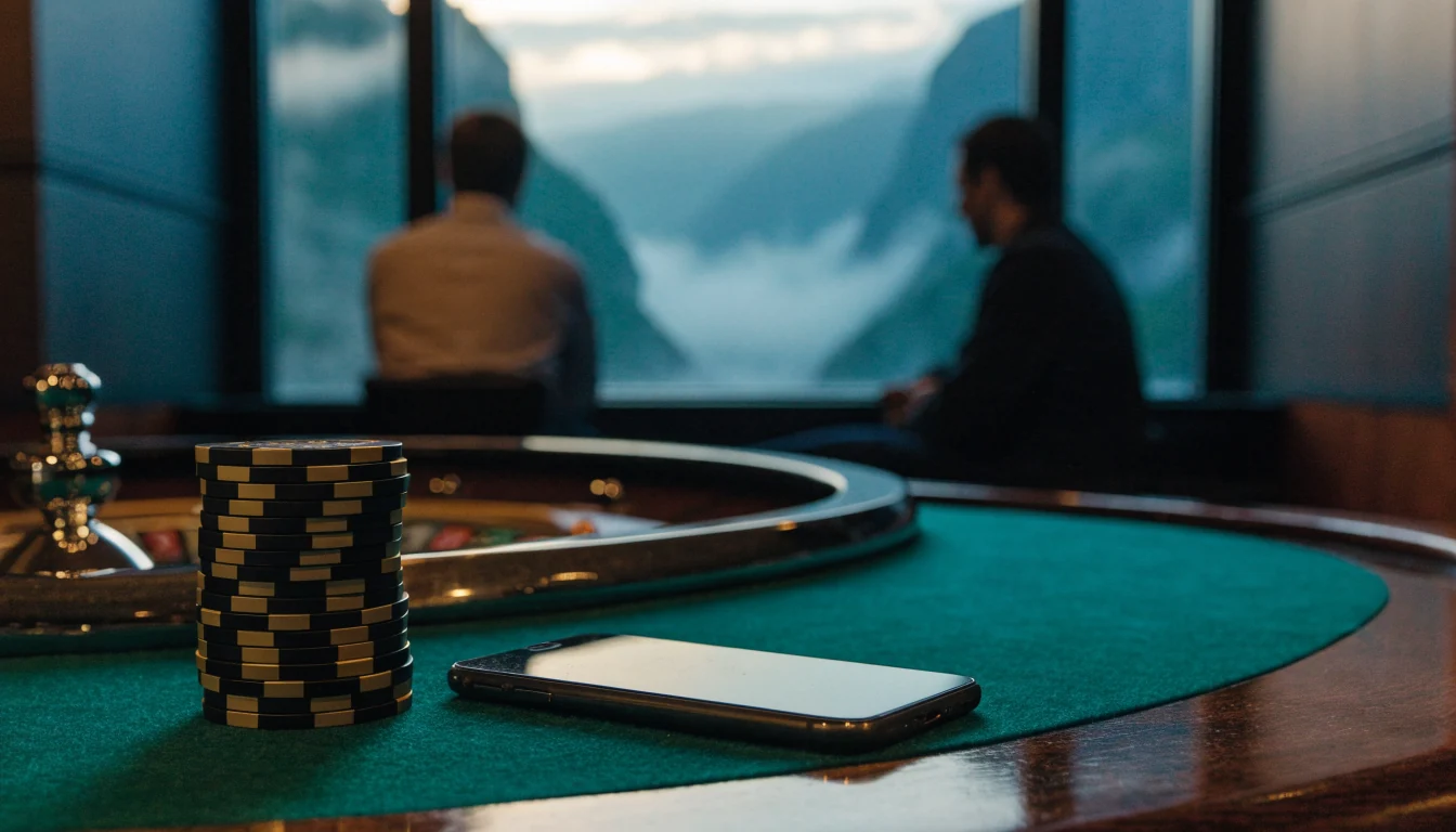 Smartphone face-down on a casino table with chips and roulette, New Zealand fjord background