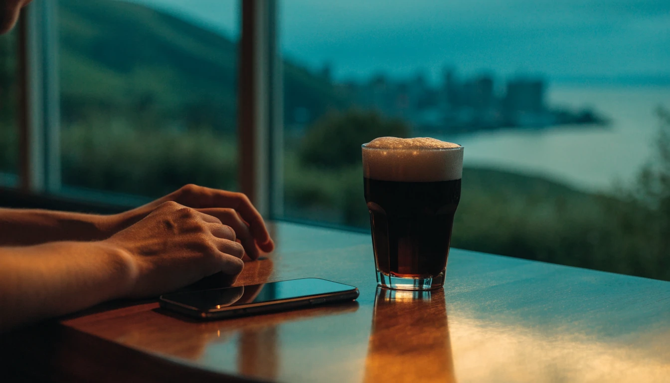 Hands at a wooden table with phone face-down and New Zealand hills behind