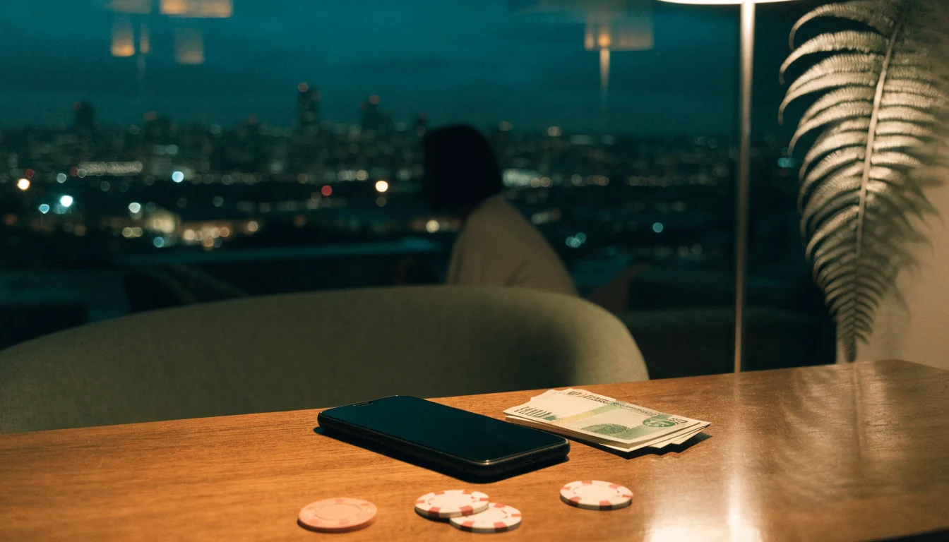 Smartphone face-down with NZ dollars and casino chips on a table in a moody New Zealand lounge at night.