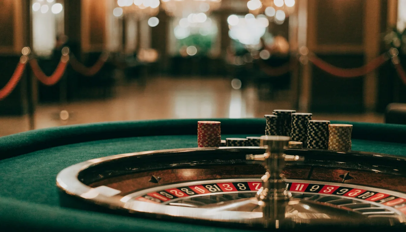 Roulette wheel on green felt with stacked casino chips in a luxurious lounge.