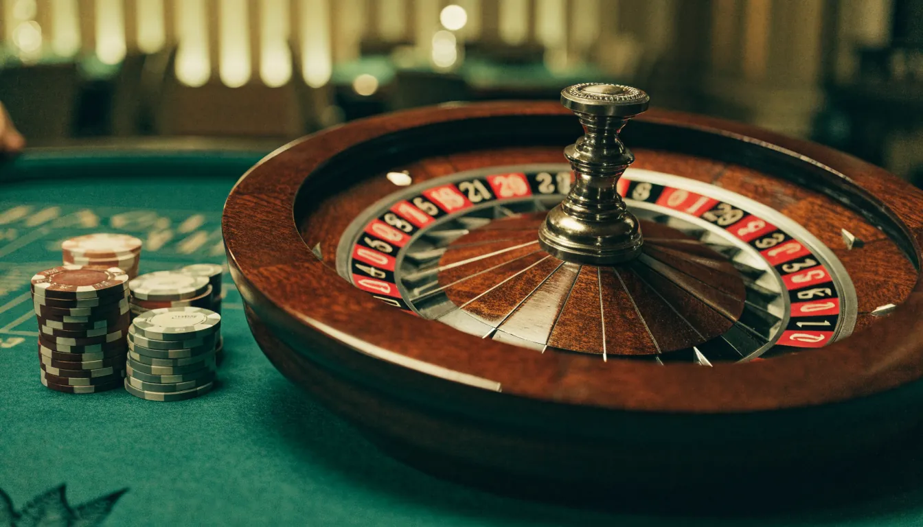 Roulette wheel with casino chips on a green felt table