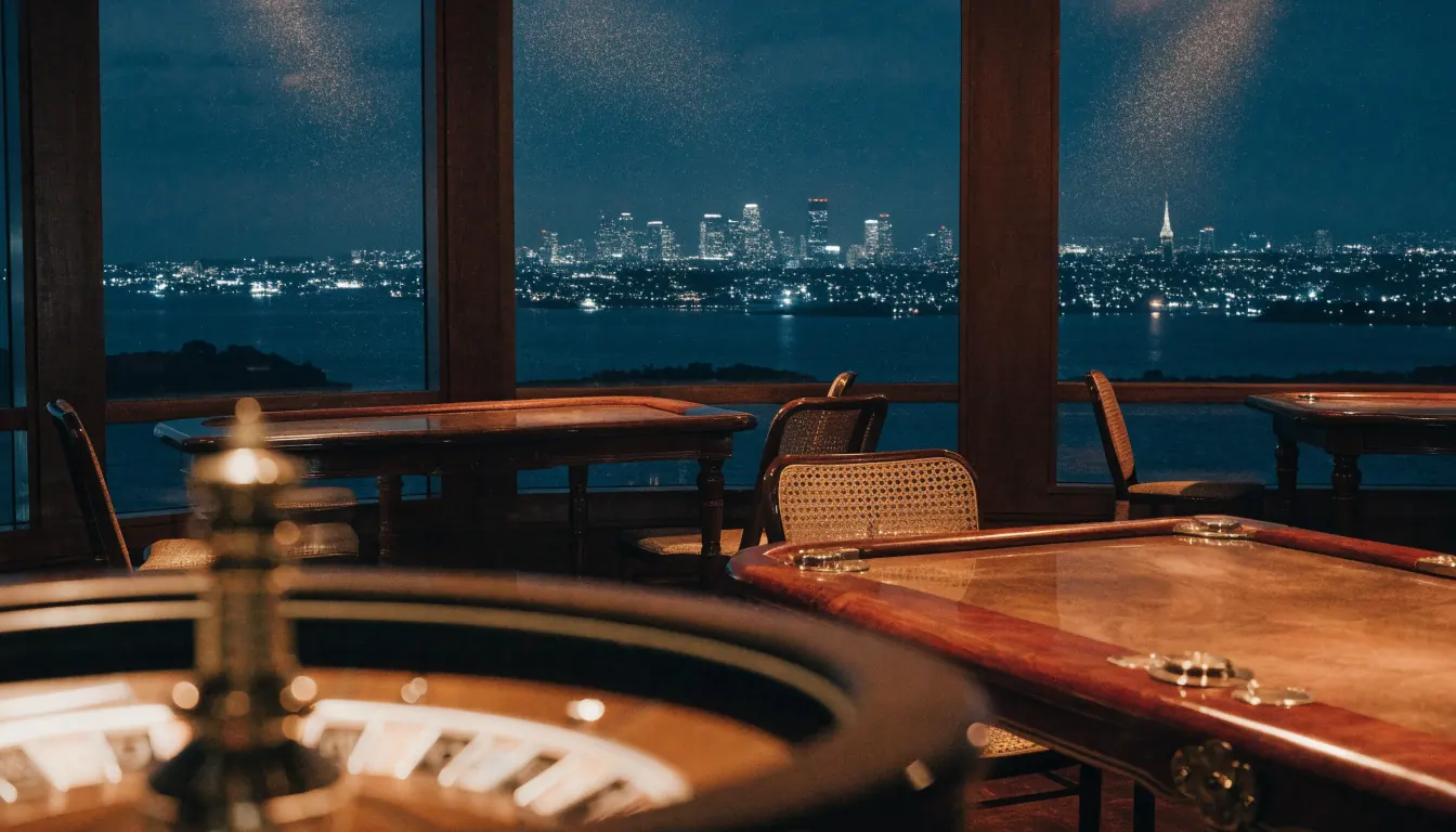 Elegant New Zealand casino interior with a roulette wheel and Auckland skyline at night