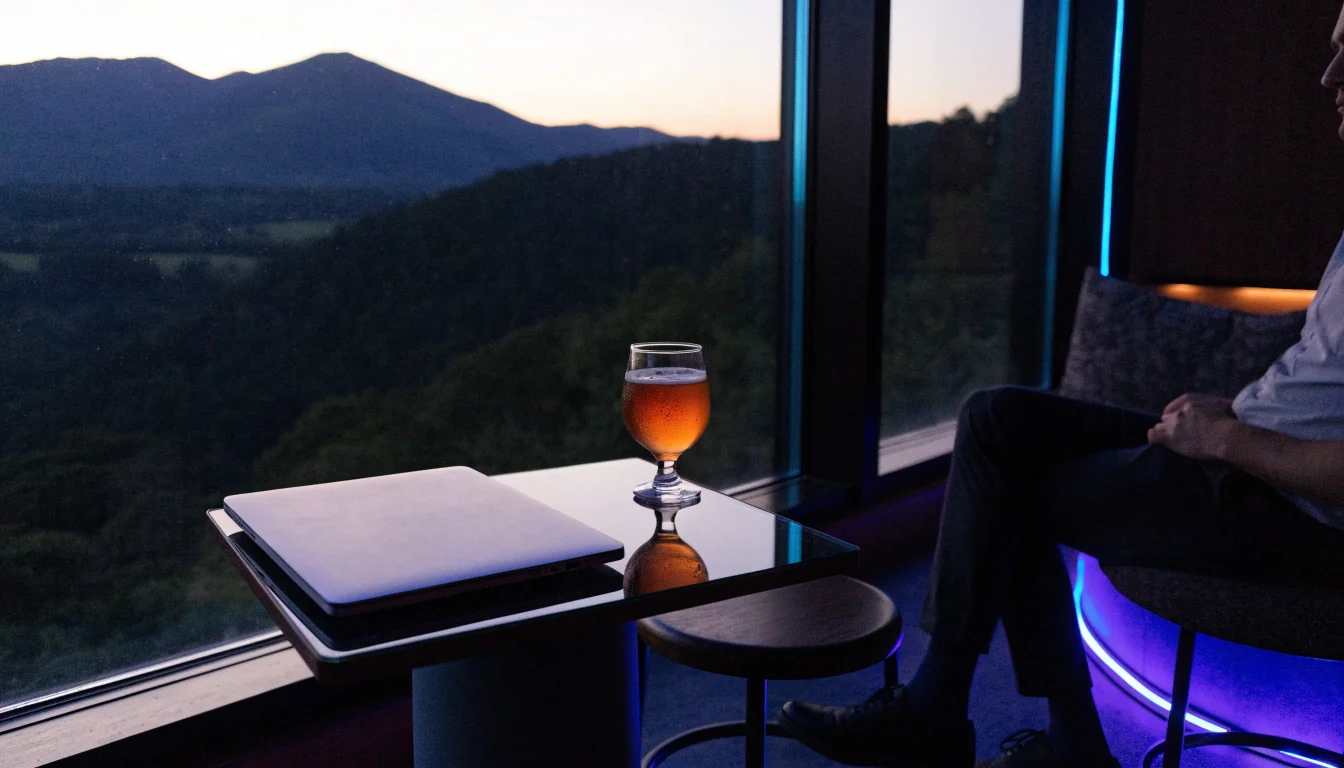 Modern New Zealand gaming lounge at dusk with closed laptop and mountain view