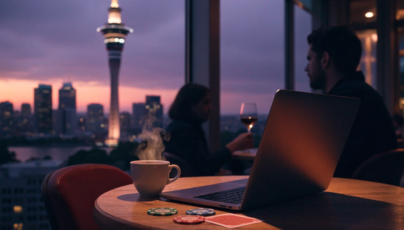 Auckland skyline at dusk with a laptop on a cafe table and subtle casino chips