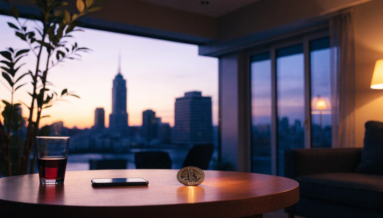 Modern New Zealand apartment interior with Bitcoin token and Auckland skyline at dusk