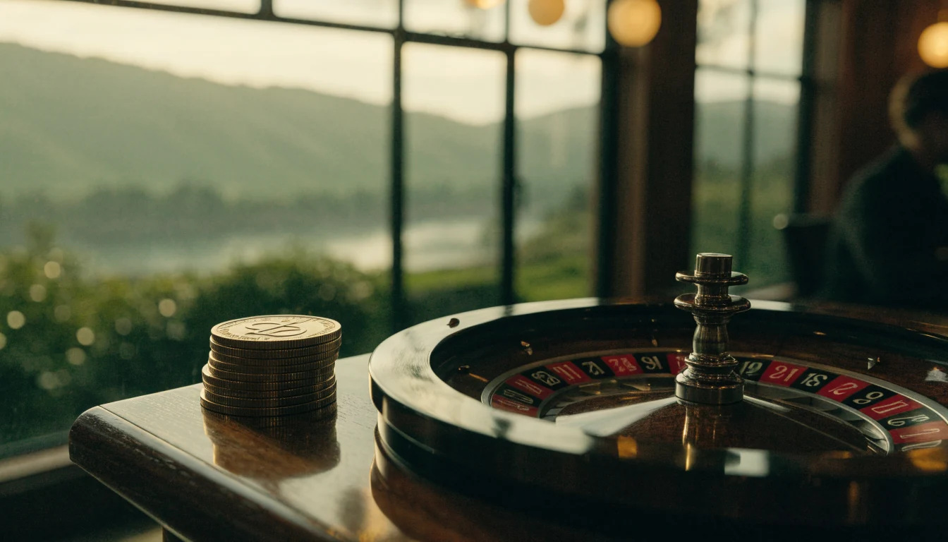 Roulette wheel with Bitcoin tokens on a casino table overlooking New Zealand hills