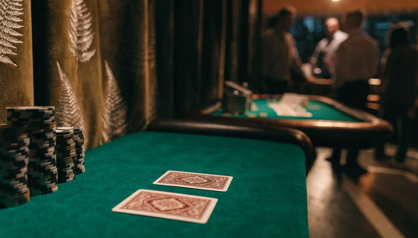 Blackjack table with chips and cards in a New Zealand casino lounge