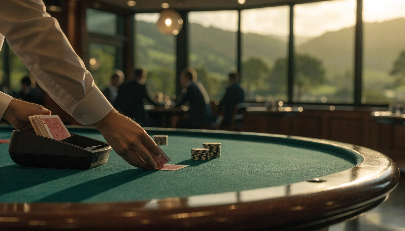 Blackjack table with dealer and chips, New Zealand landscape visible through window