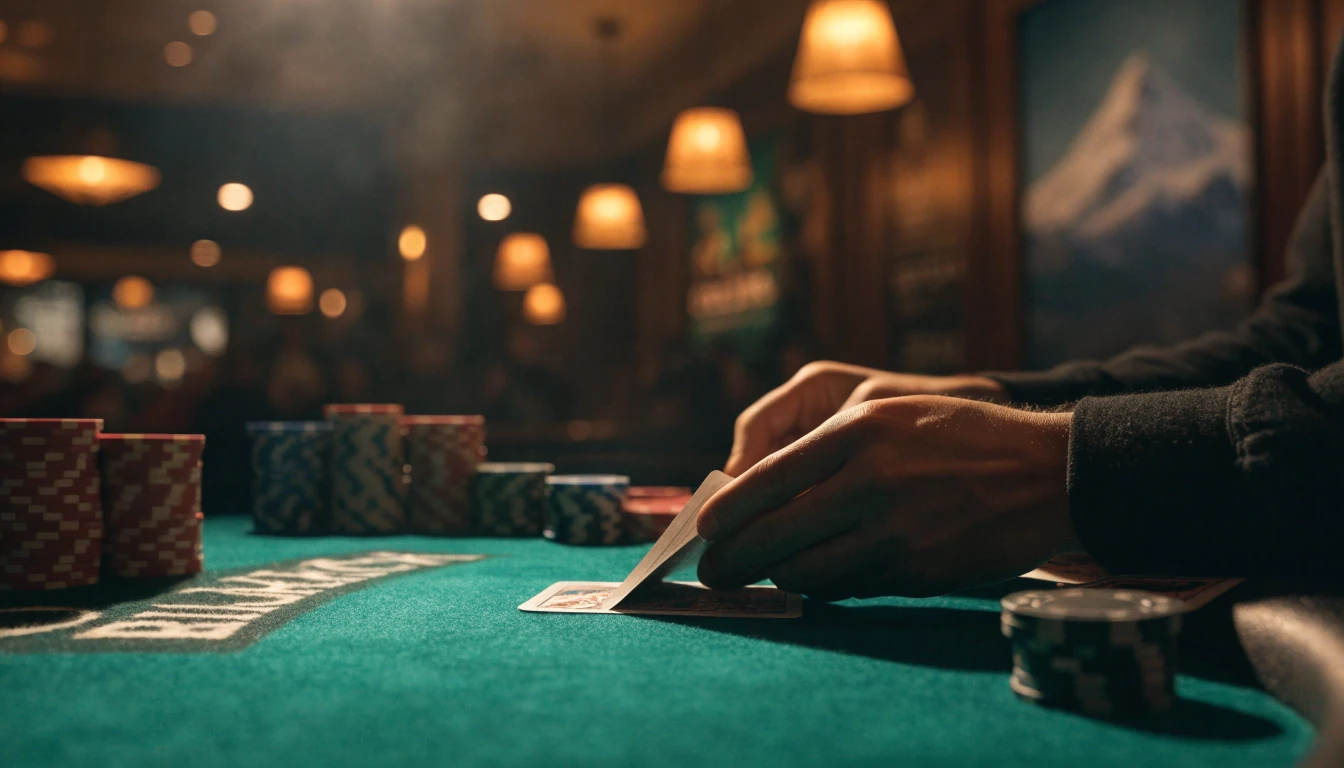 Dealer shuffling cards at a New Zealand casino blackjack table under warm amber lights