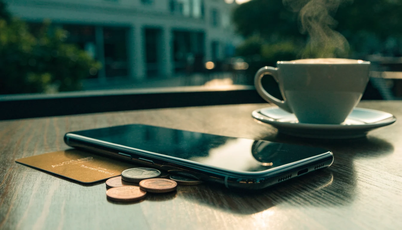 Smartphone face-down on a waterfront café table in Auckland with coins and a loyalty card