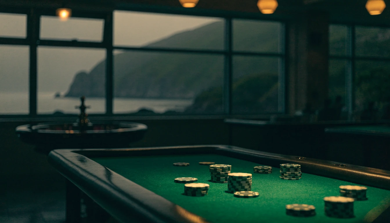 Empty casino table with chips and roulette wheel, coastal New Zealand view through window