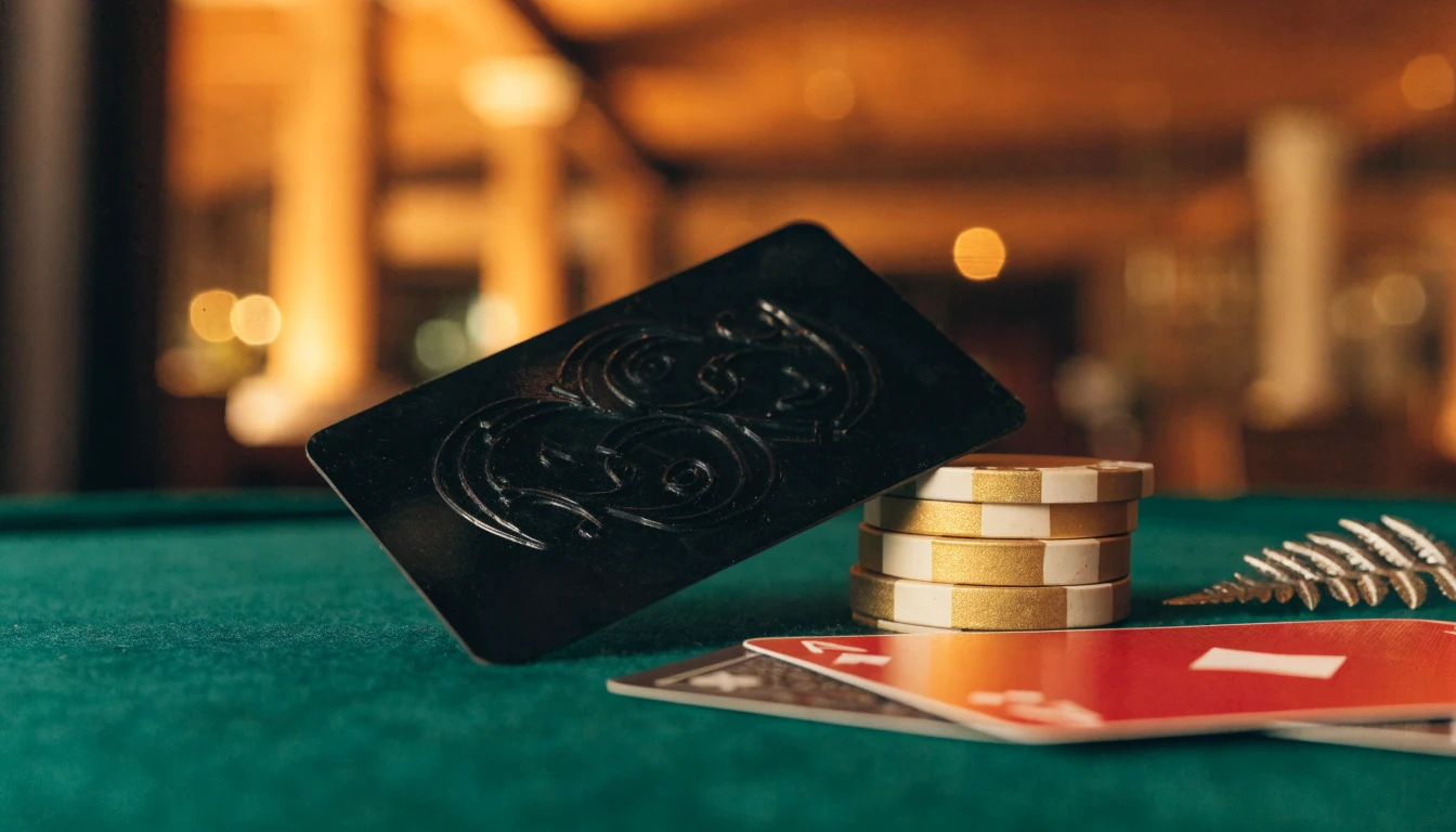 Embossed loyalty card with casino chips and a silver fern on dark felt, warm amber lighting