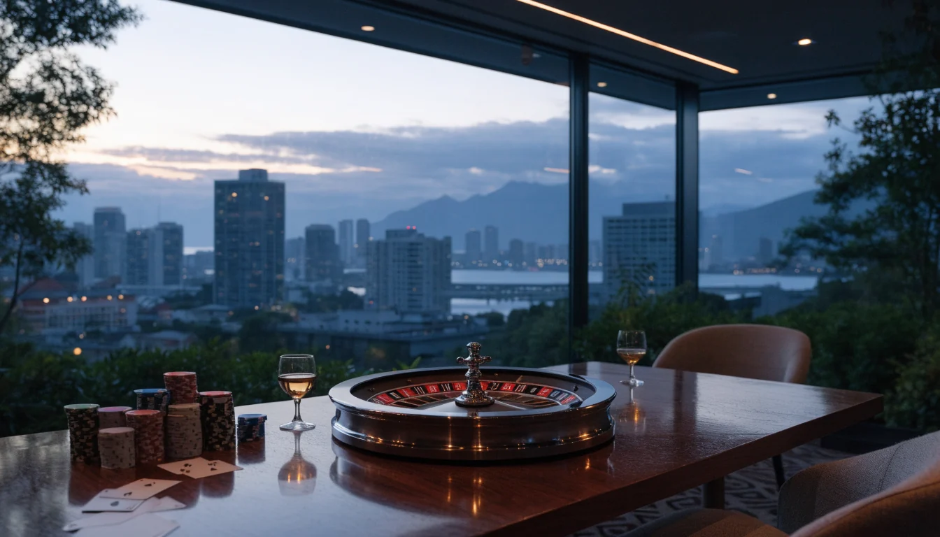 Elegant New Zealand lounge with casino chips, roulette wheel and atmospheric city view at dusk