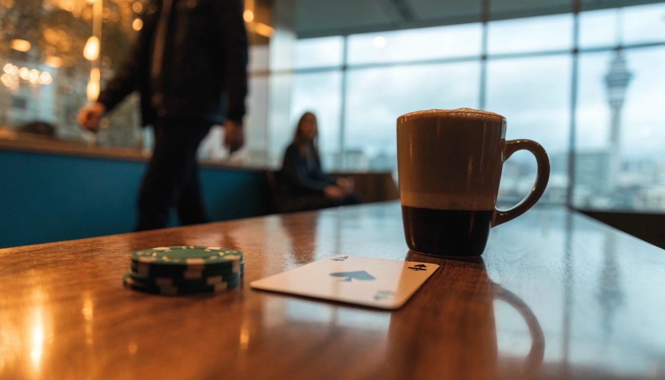 Casino chips and a card on a table with Auckland skyline in the background