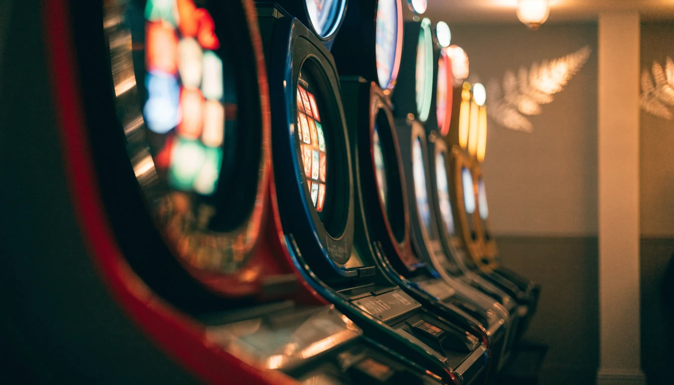 Row of glowing slot machines in a New Zealand casino lounge
