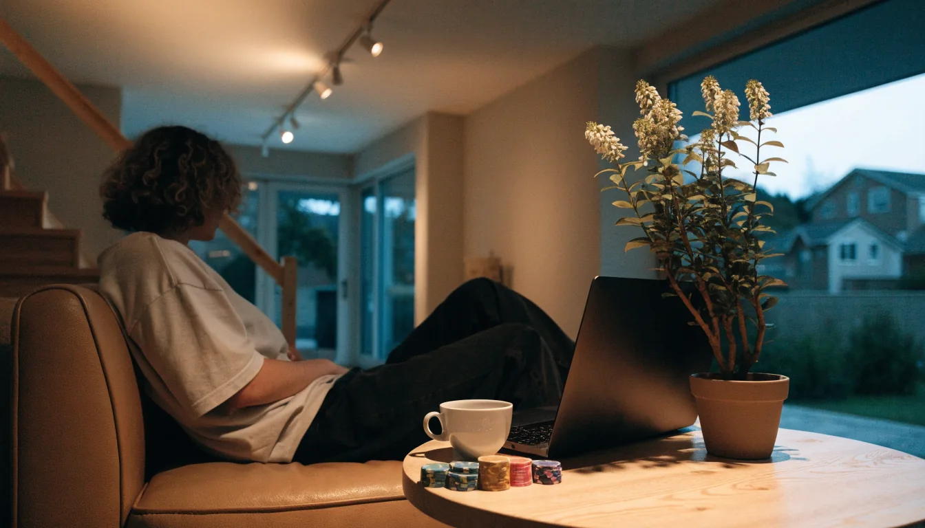 Person relaxing at home with laptop, coffee, and poker chips in a modern New Zealand interior