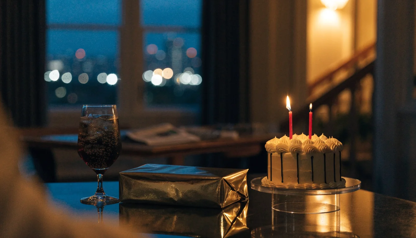 Elegant birthday celebration setup with cake and gift in a stylish New Zealand lounge.