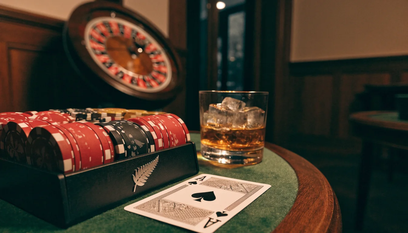Casino chips, playing card and roulette wheel on a wooden table in a New Zealand gaming lounge