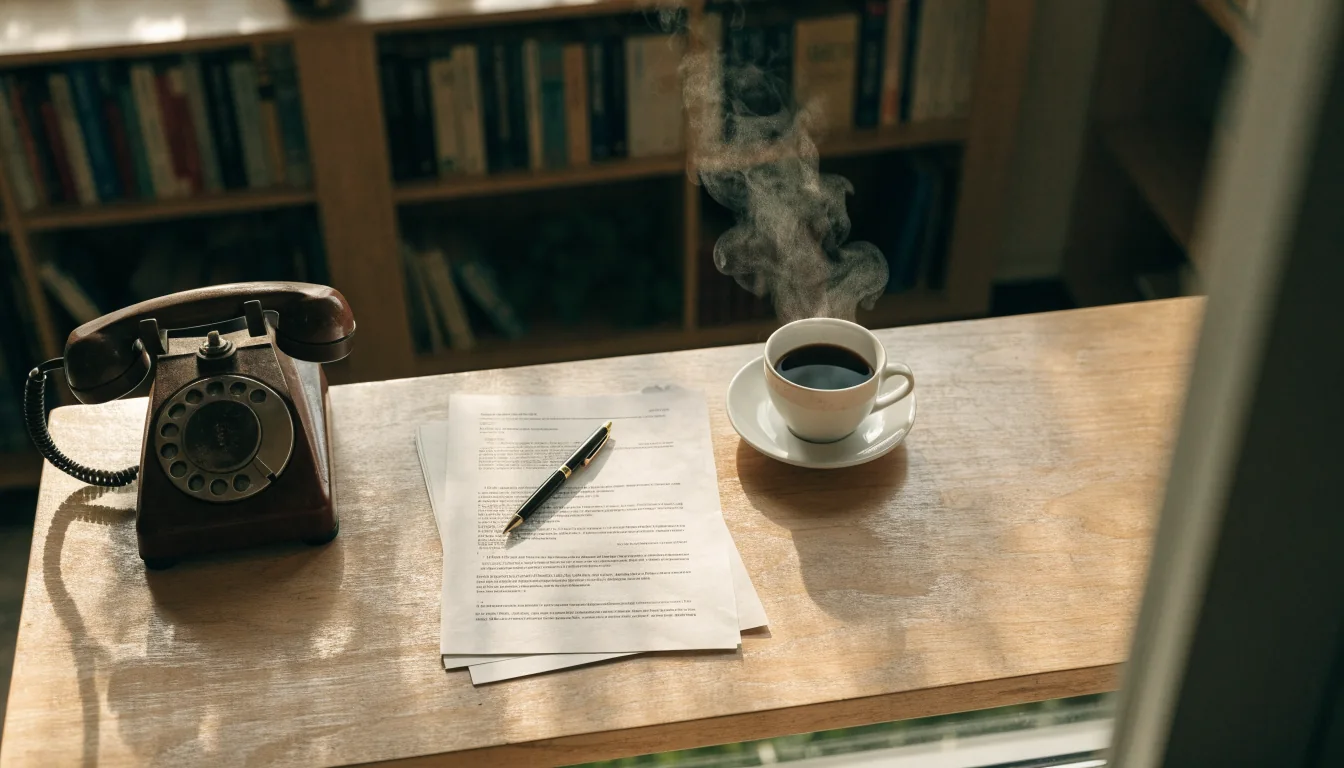 Wooden desk with rotary telephone, letters, and coffee in a New Zealand office