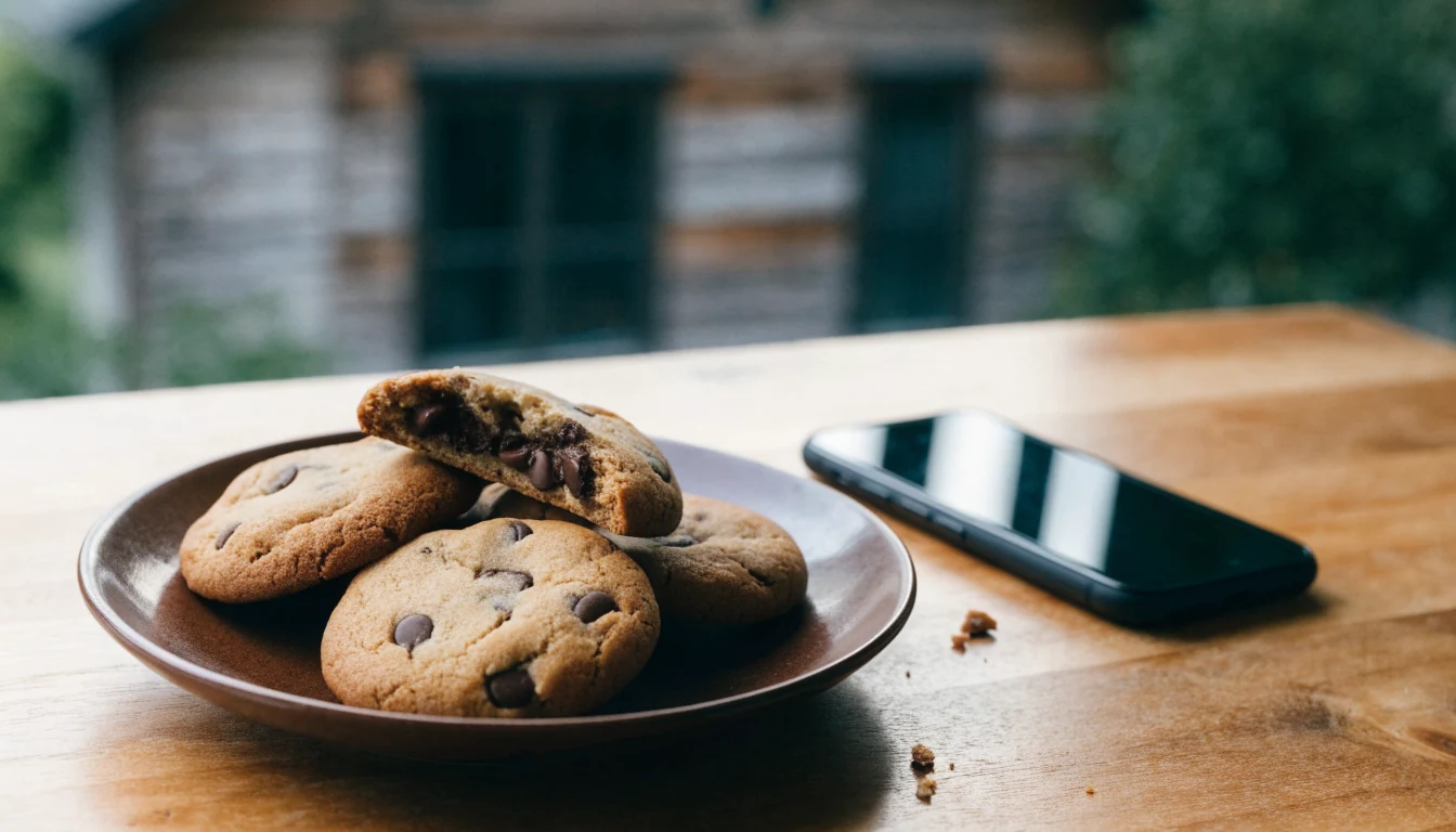 Freshly baked chocolate chip cookies beside a face-down smartphone on a wooden table