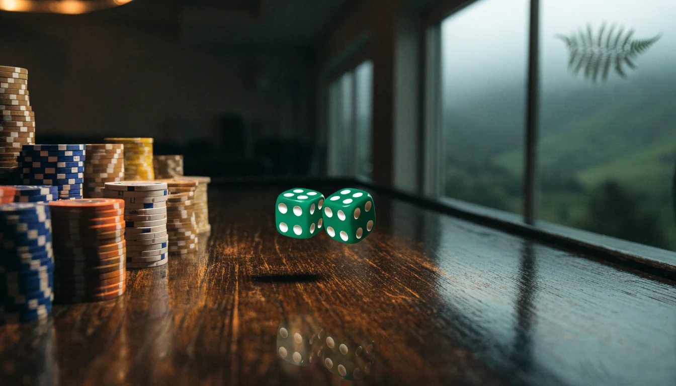Craps table with chips and dice near a window showing New Zealand hills