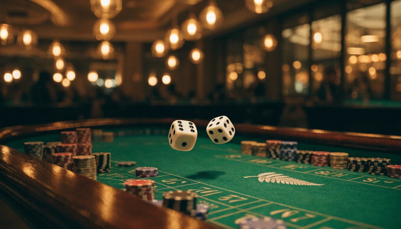 Dice rolling over a New Zealand craps table with stacked chips