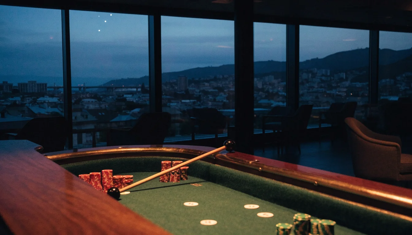 Craps table with stacked chips overlooking a New Zealand city at dusk
