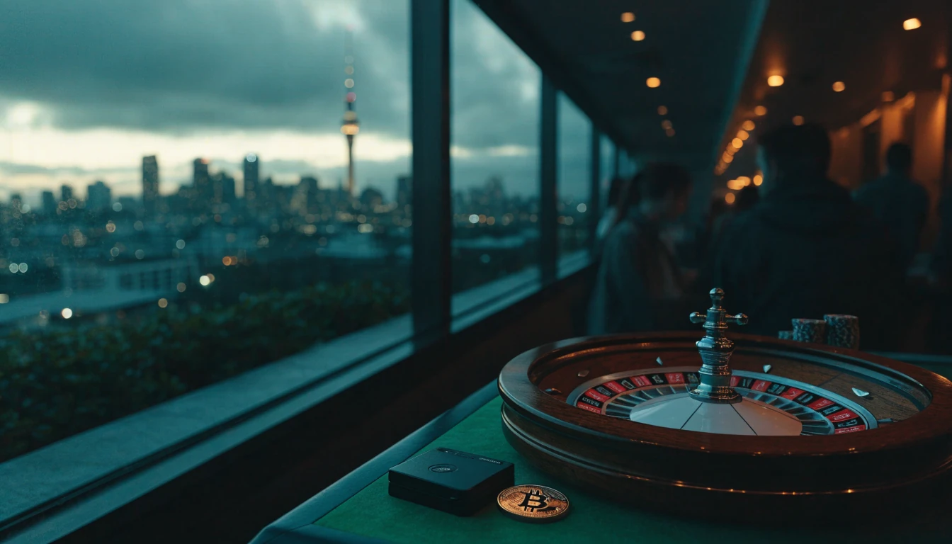 Roulette wheel, crypto wallet and Bitcoin on a table with Auckland Sky Tower at dusk