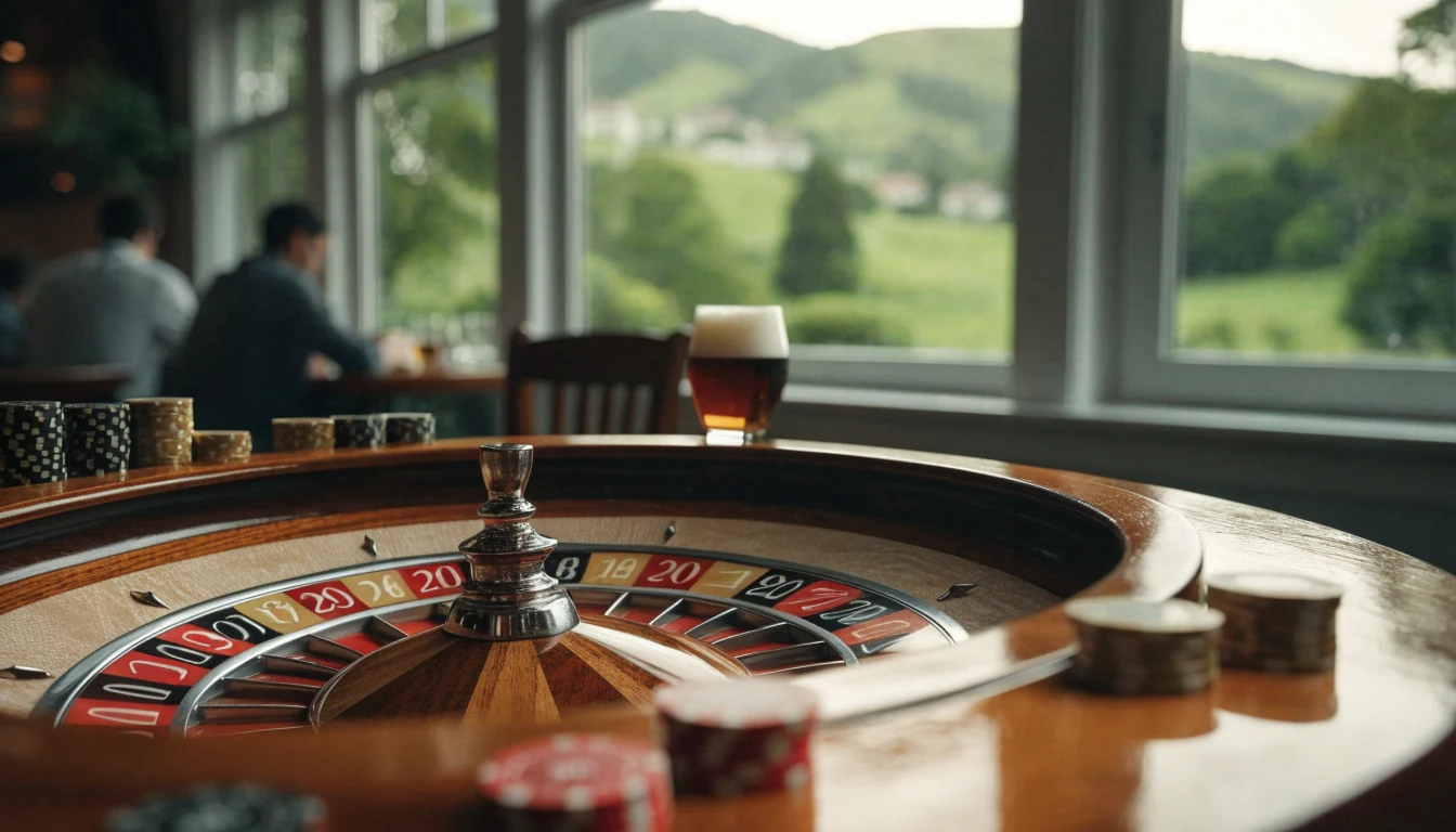 European roulette wheel with single zero on a casino table with chips
