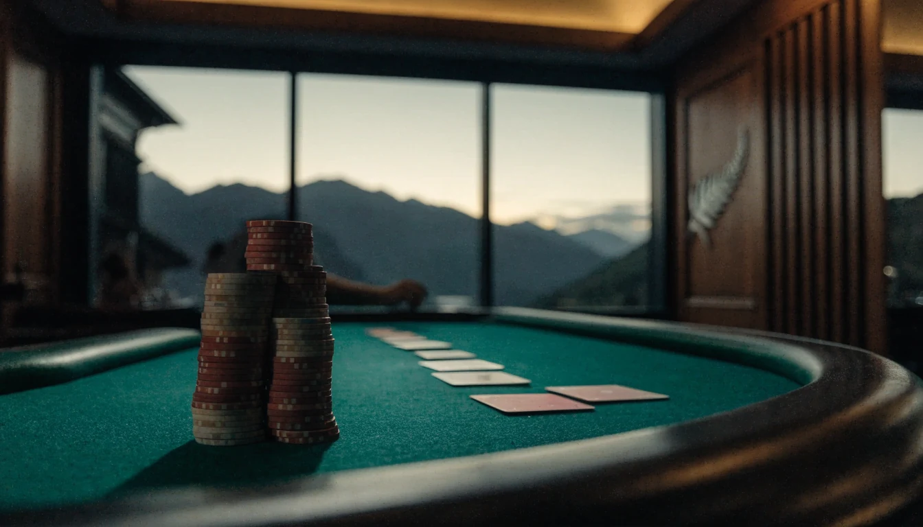 Casino blackjack table with chips and cards, New Zealand mountains in background