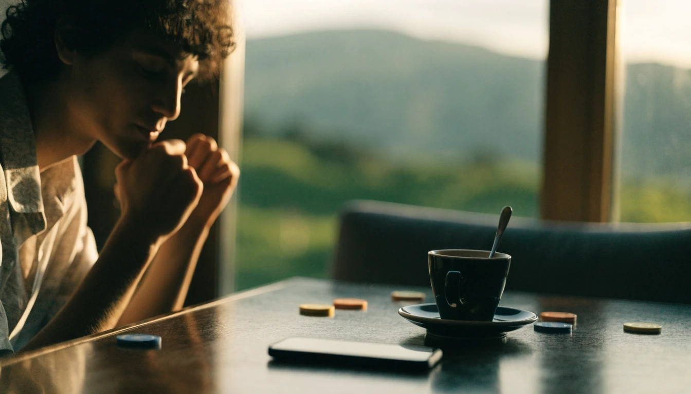 Relaxed New Zealand lounge scene with casino chips and a face-down phone on a wooden table