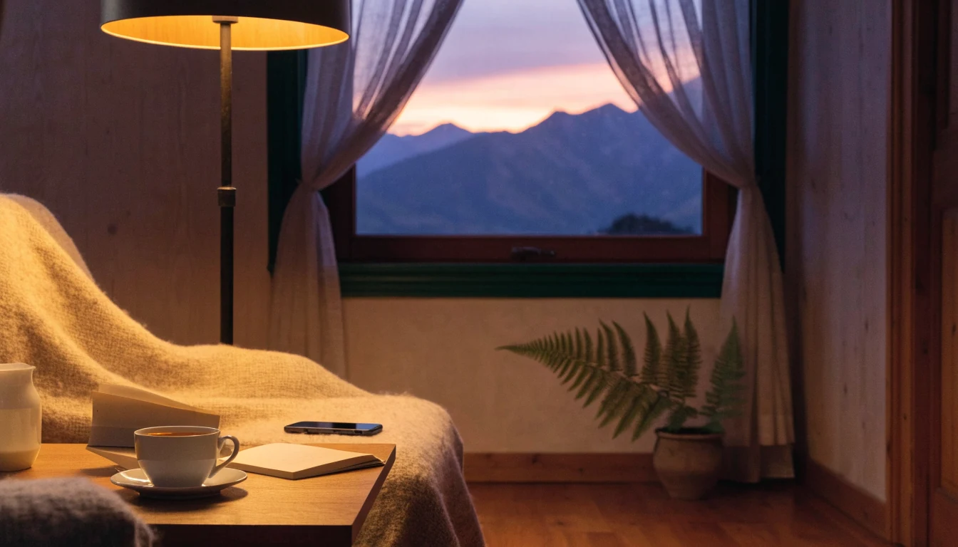 Cozy New Zealand living room at dusk with silver fern and smartphone