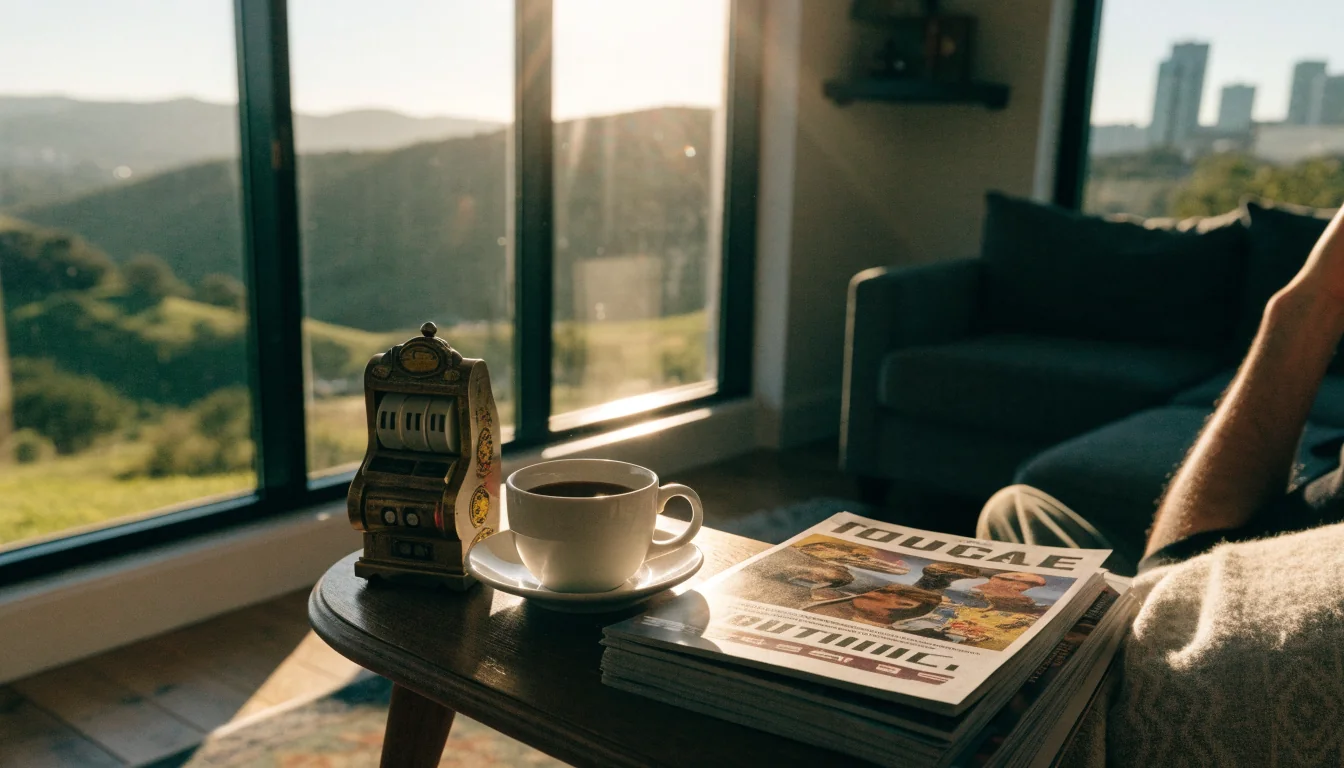 Cozy New Zealand living room with slot machine figurine and scenic green hills view