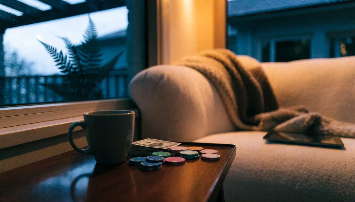 New Zealand living room scene with casino chips and NZ dollars on a side table