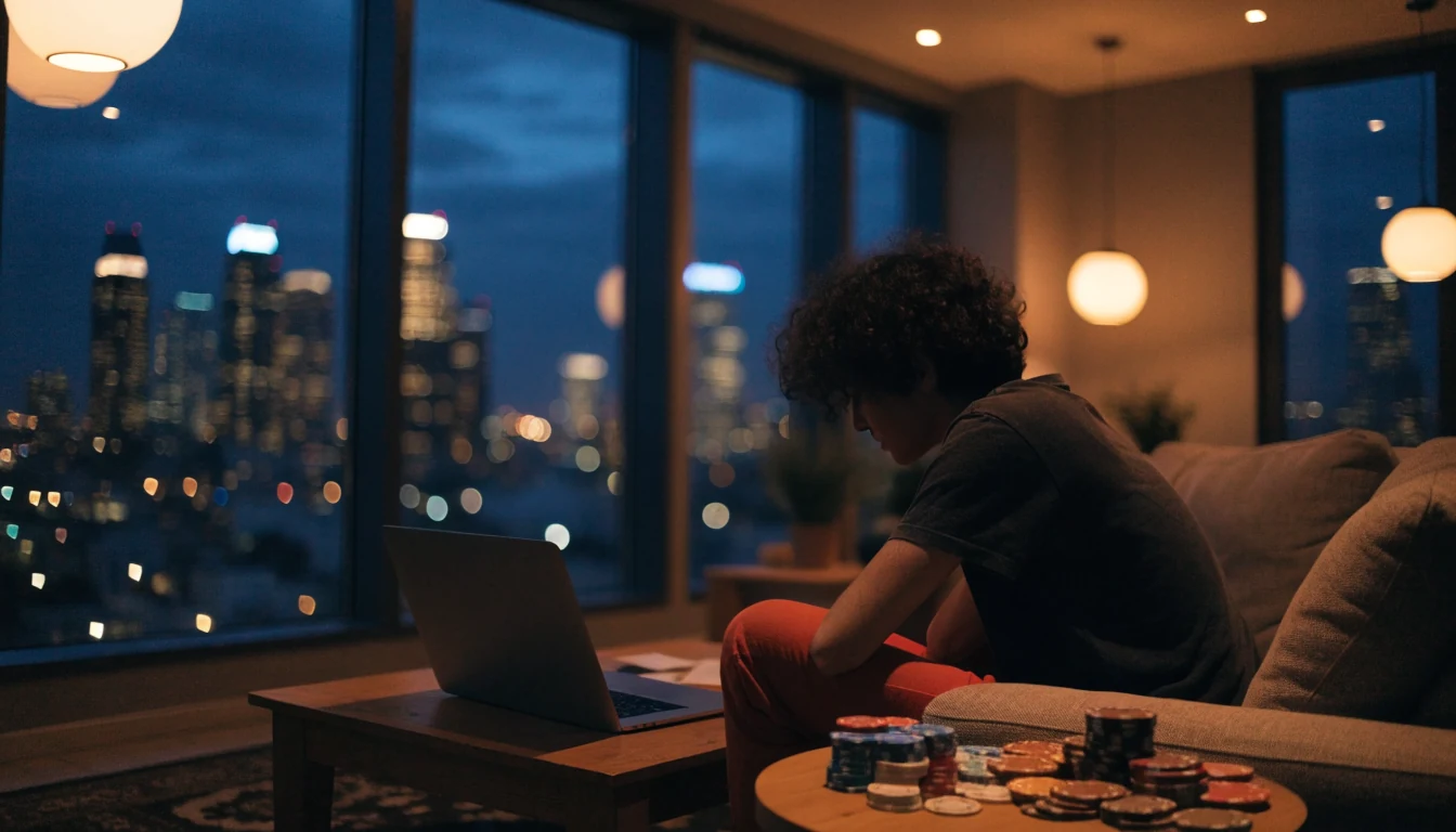 Person relaxing at home with laptop and casino chips near Auckland skyline at night