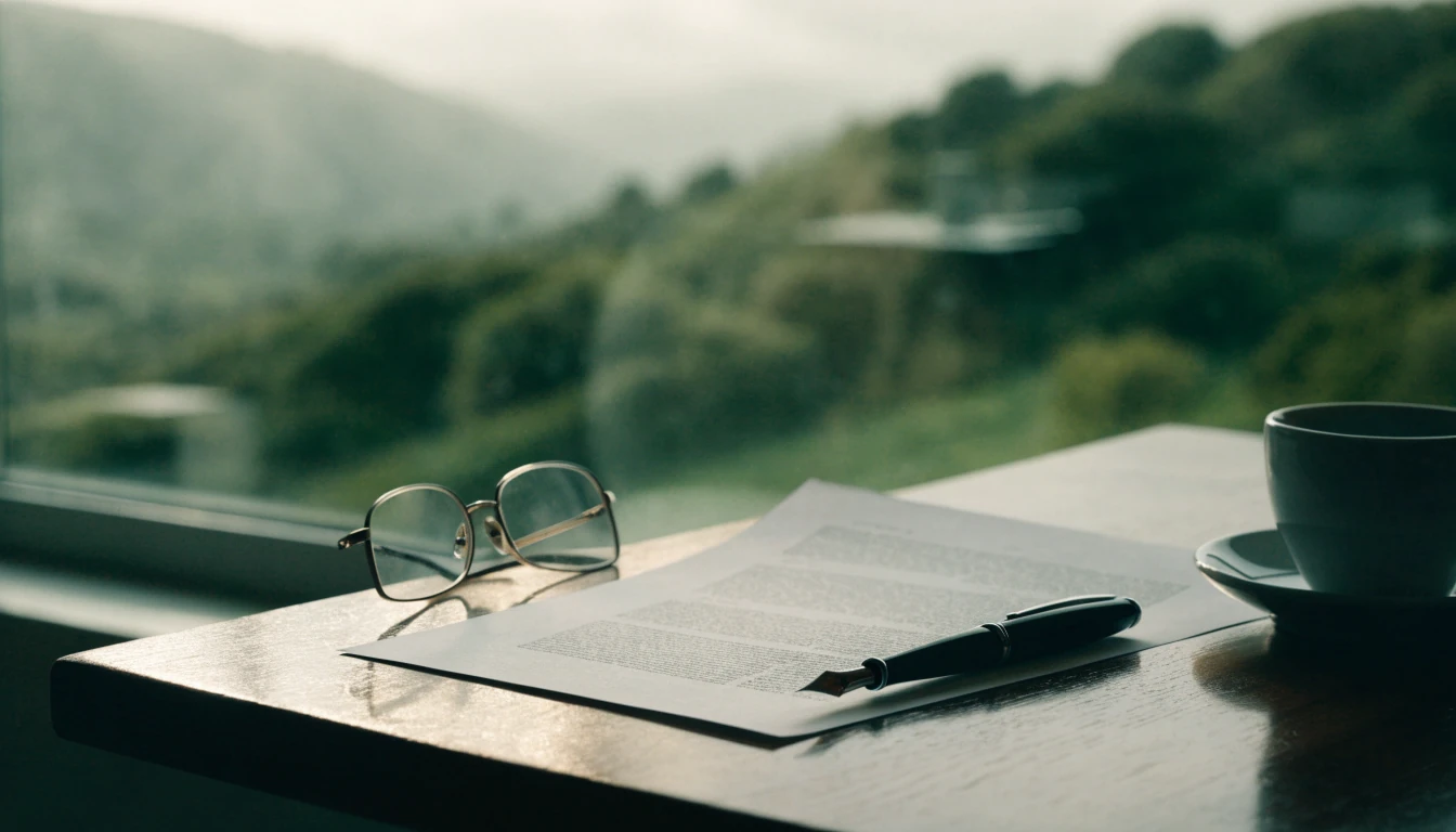 Disclaimer document on desk with glasses, New Zealand landscape in background