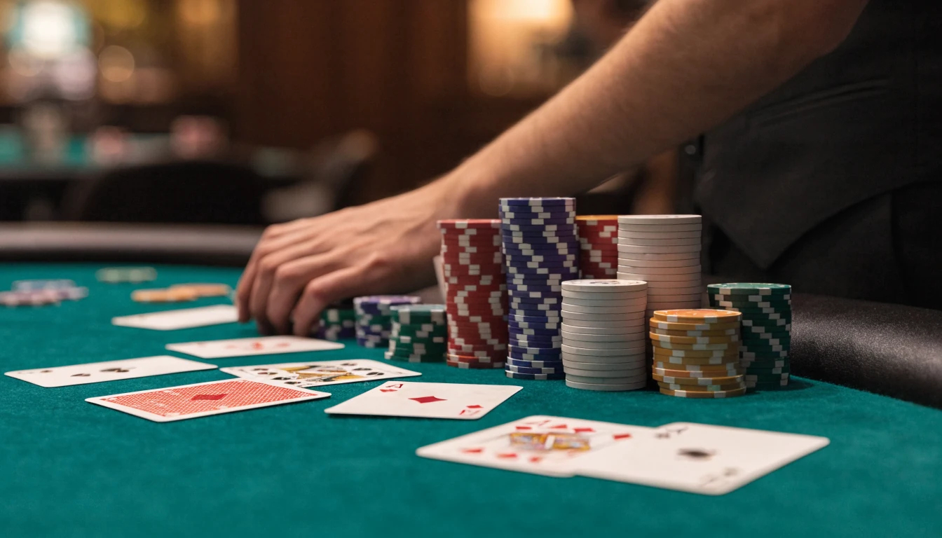 Close-up of a blackjack table with chips and cards in a New Zealand casino