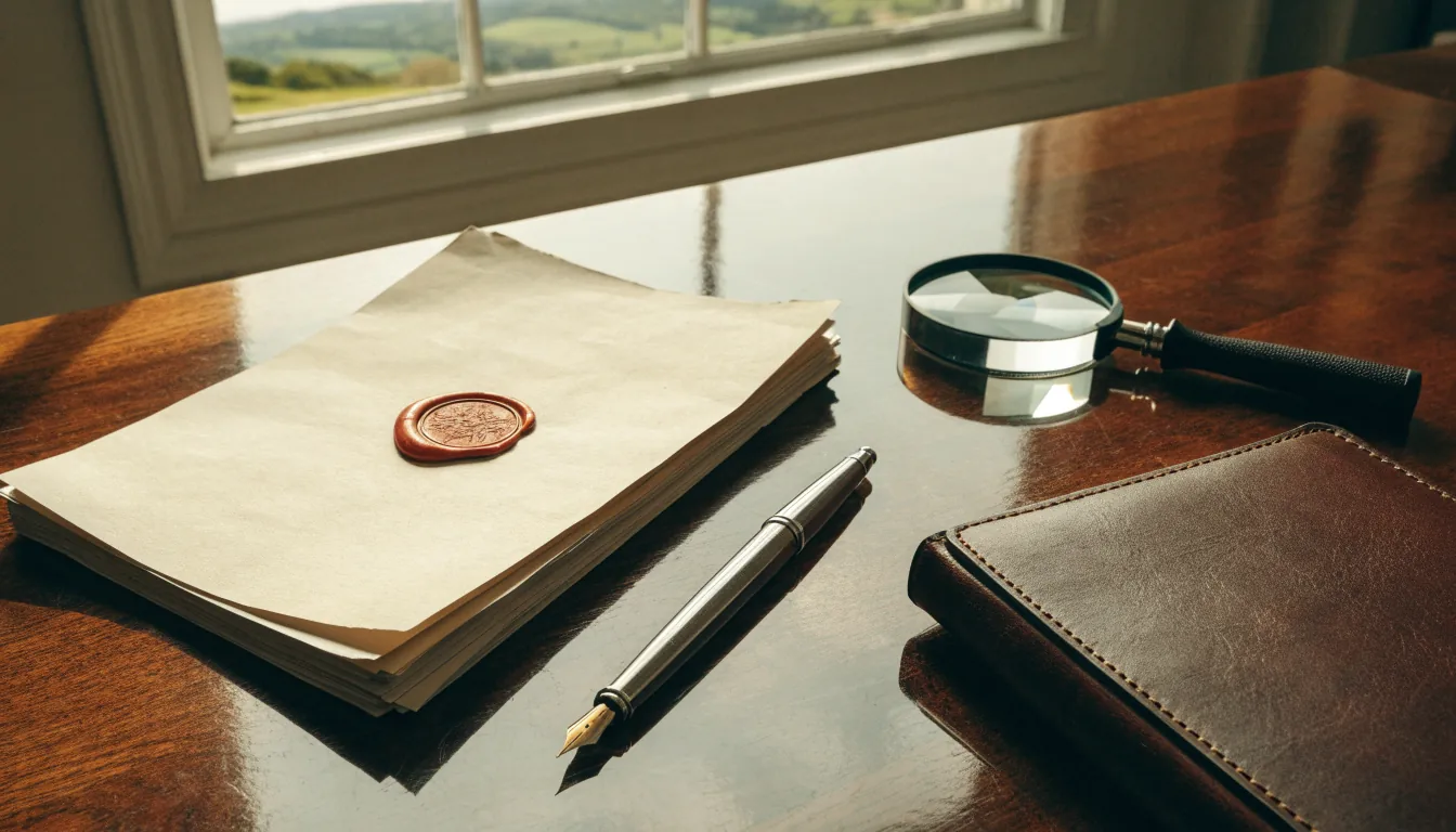 Legal document with pen and magnifying glass on desk, New Zealand office