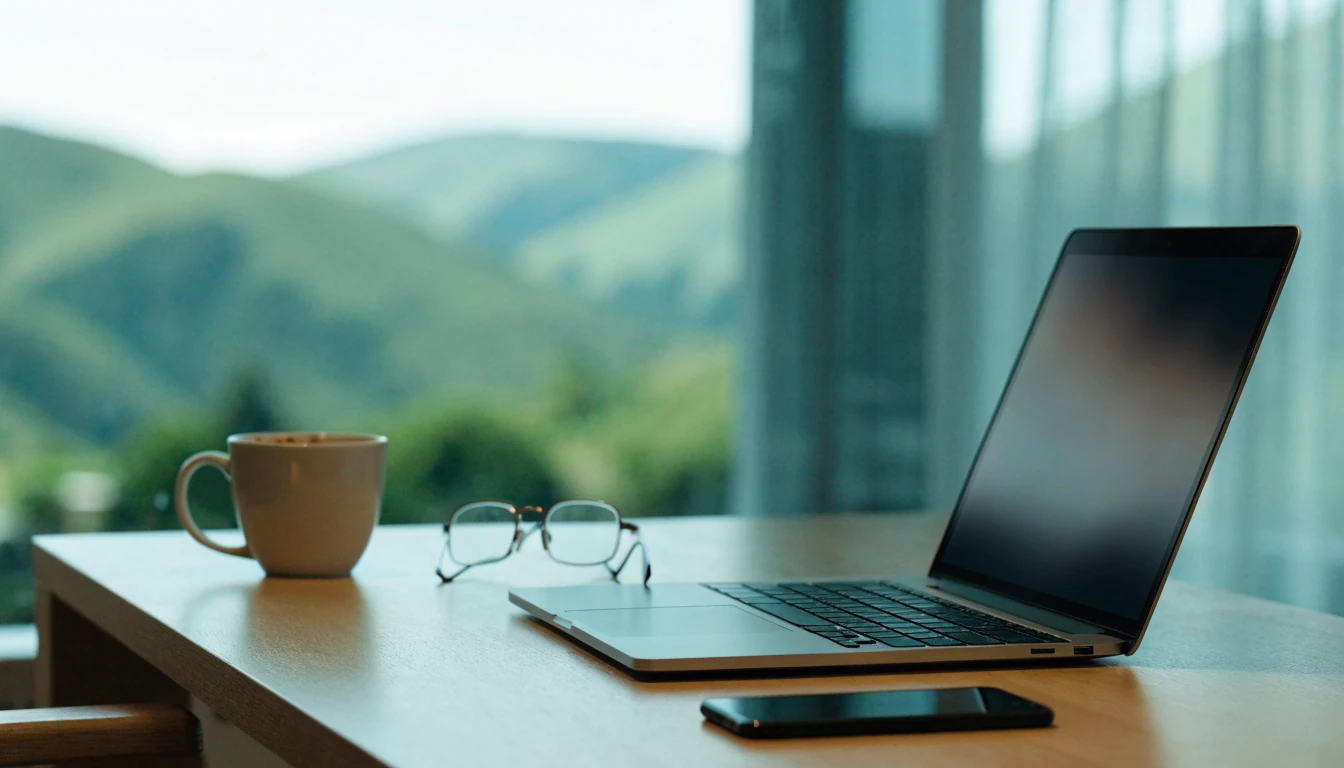 Smartphone and laptop on a desk with New Zealand hills outside the window