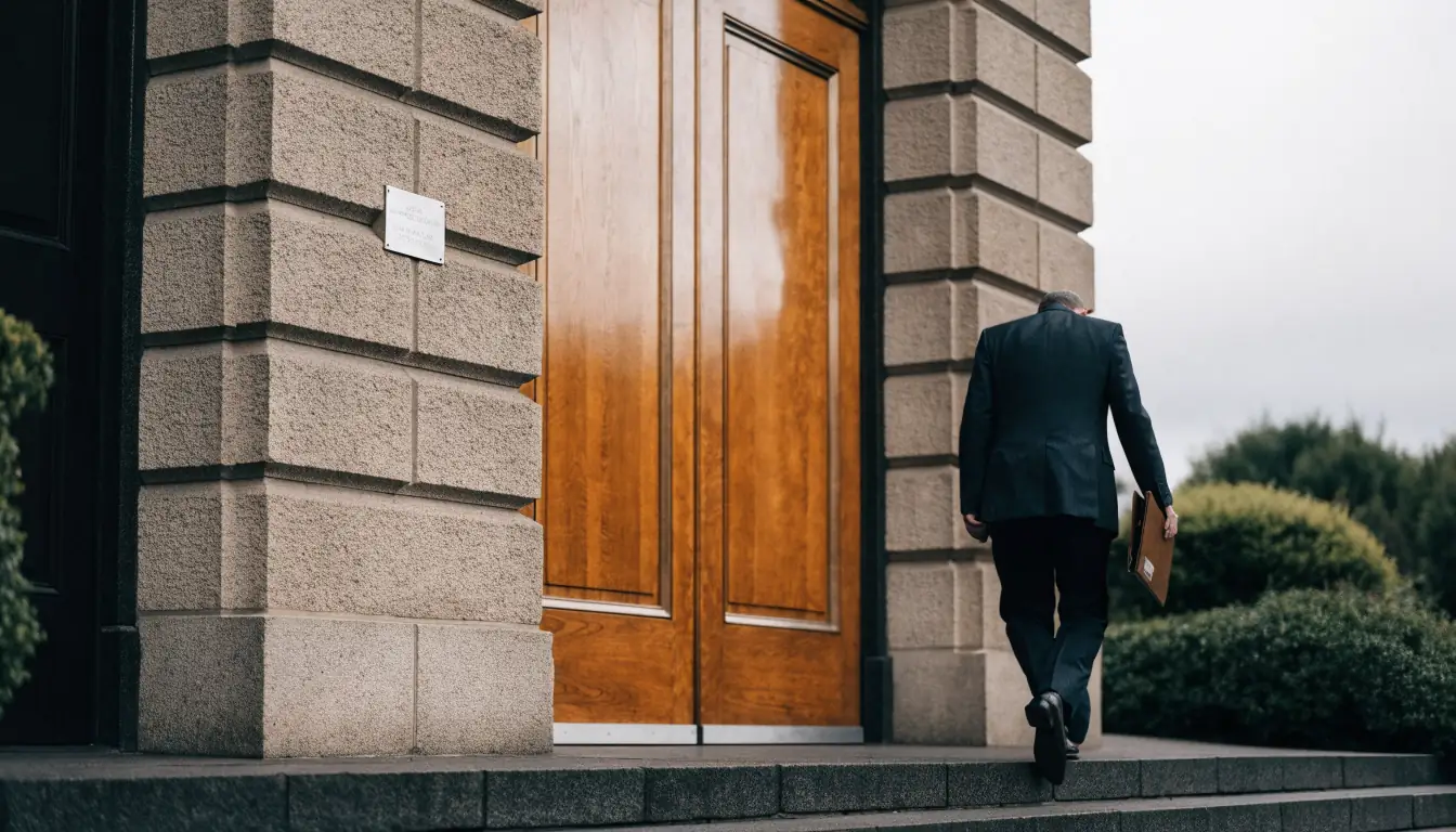 Official entrance to a New Zealand government building with a person ascending steps