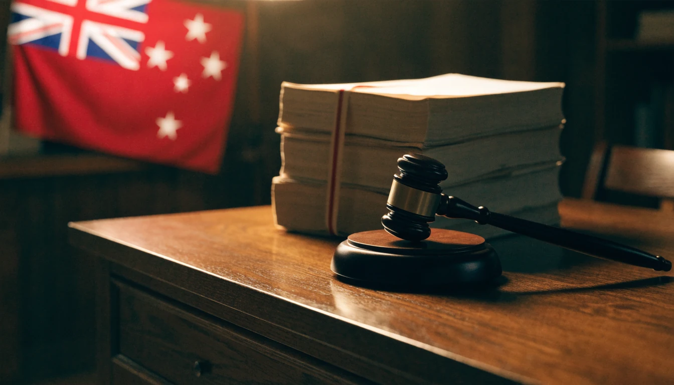 Gavel and legal documents on a desk with a New Zealand flag in the background