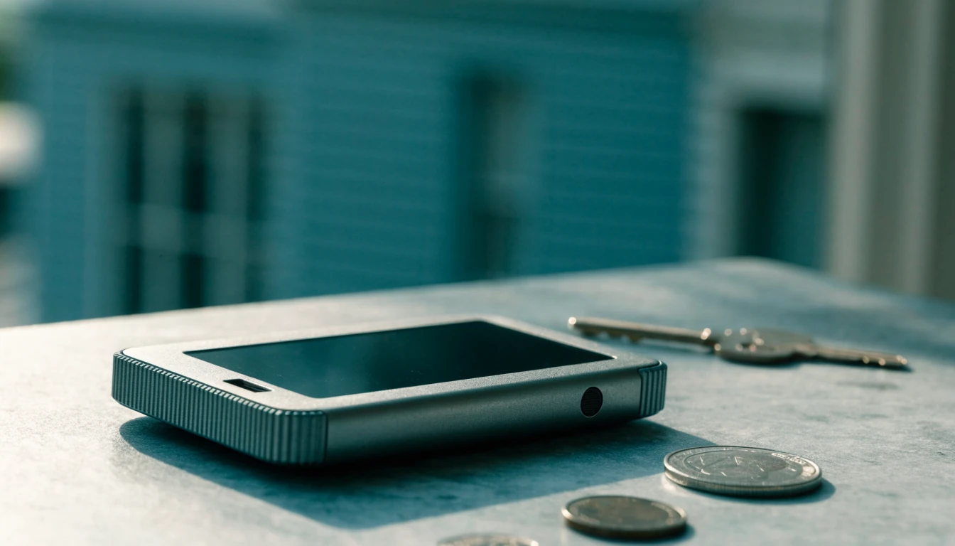 Hardware crypto wallet on a slate surface with coins and a key