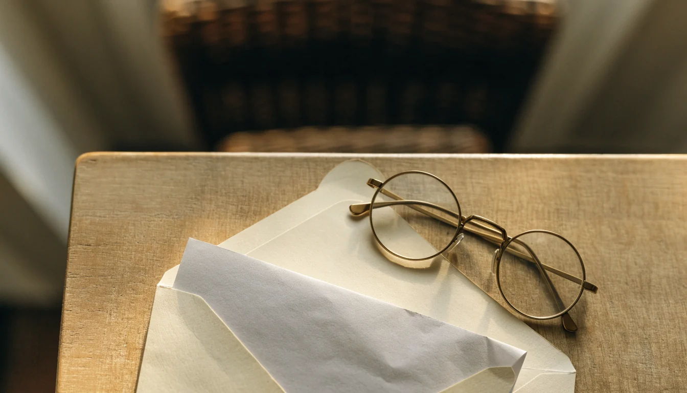 Open envelope with letter and brass spectacles on a wooden table