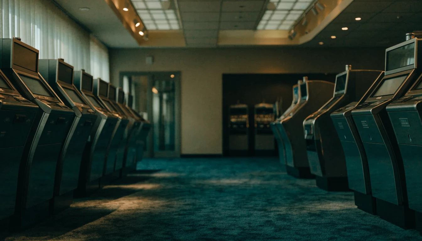 Empty casino lounge with rows of dim slot cabinets at quiet hours