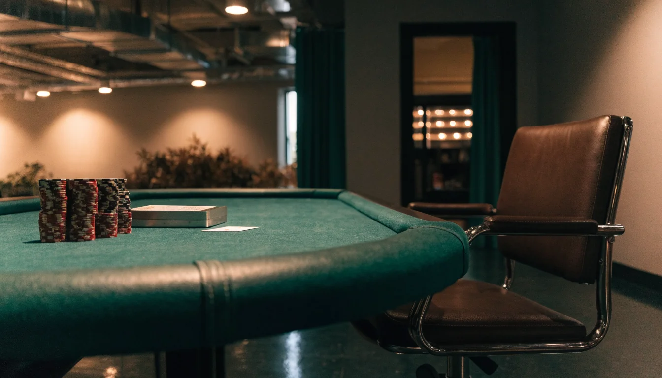 Empty blackjack table with chips and a face-down card at rest