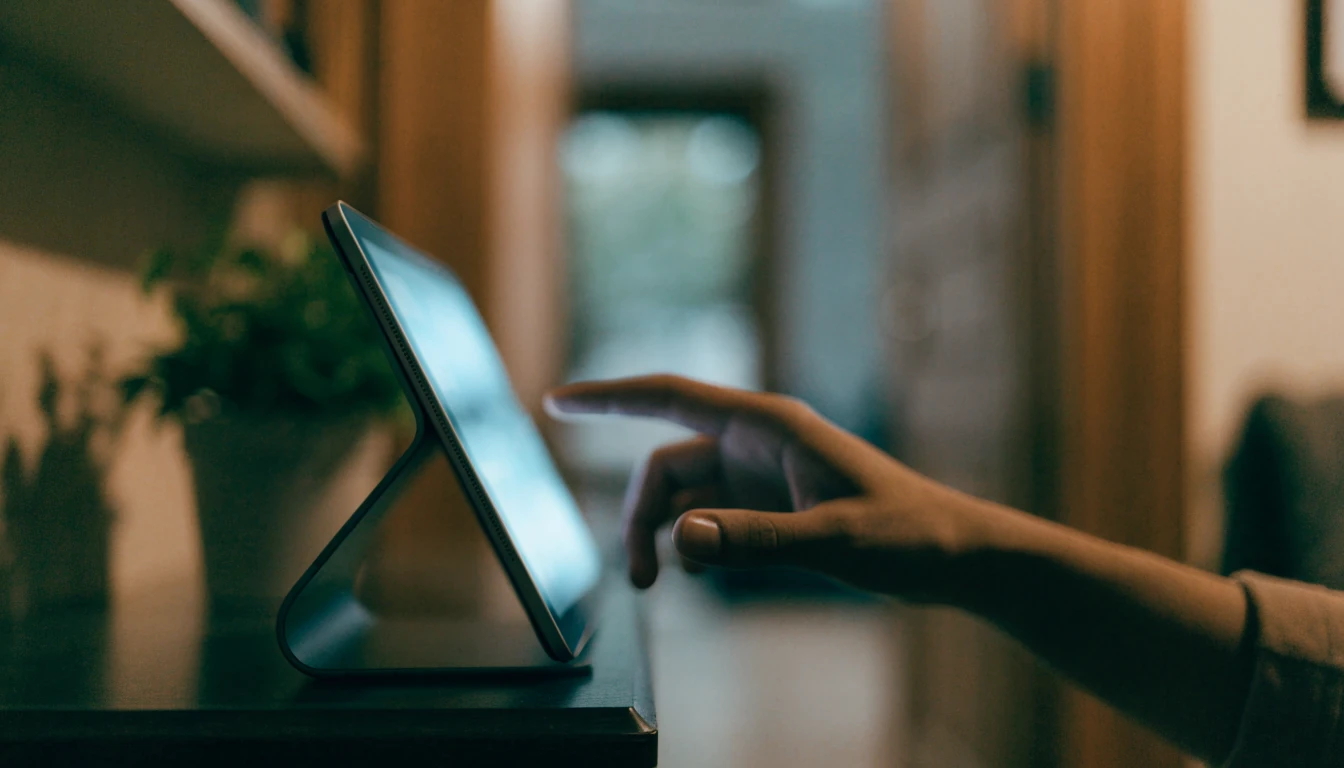Hand reaching toward a tablet angled away showing only blurred light