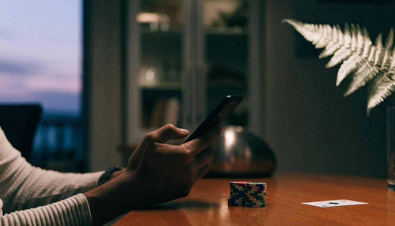 Person in a New Zealand home with smartphone and casino chips on a table at dusk